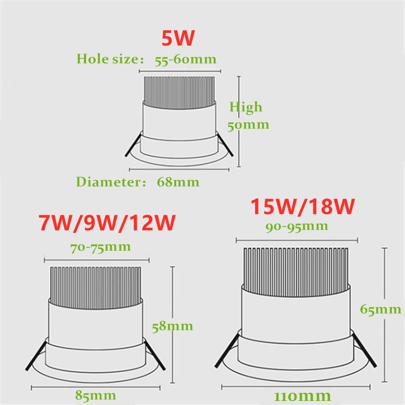 4 Types Dimmable Recessed LED Downlights 5W 7W 9W 12W 15W 18W COB LED Ceiling Lamp Spot Lights AC110-220V Round LED Panel Light