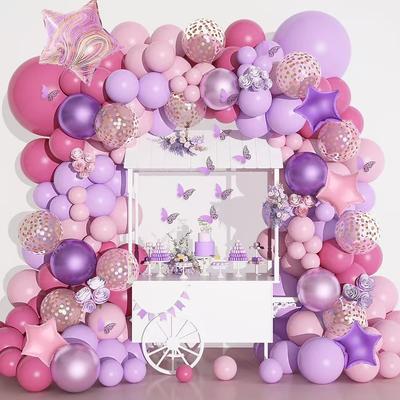 Set Baloane Latex Roz Violet Fluture 3D Agat Pentagramă Baloane Folie Aluminiu Decorare Petrecere Aniversare Fată