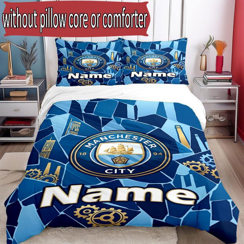 3pcs Duvet Cover Set (1*Duvet Cover + 2*Pillowcase, Without Core), Custom Name Manchester City Pattern Bedding Set, Home Bedroom Decor Gift