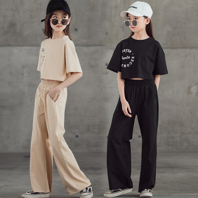 Oblečení pro dívky Letní soupravy Ležérní Dopis Tričko Vysoký pas Široké nohavice Kalhoty 2ks Dětská tepláková souprava Černá Oblečení pro dospívající