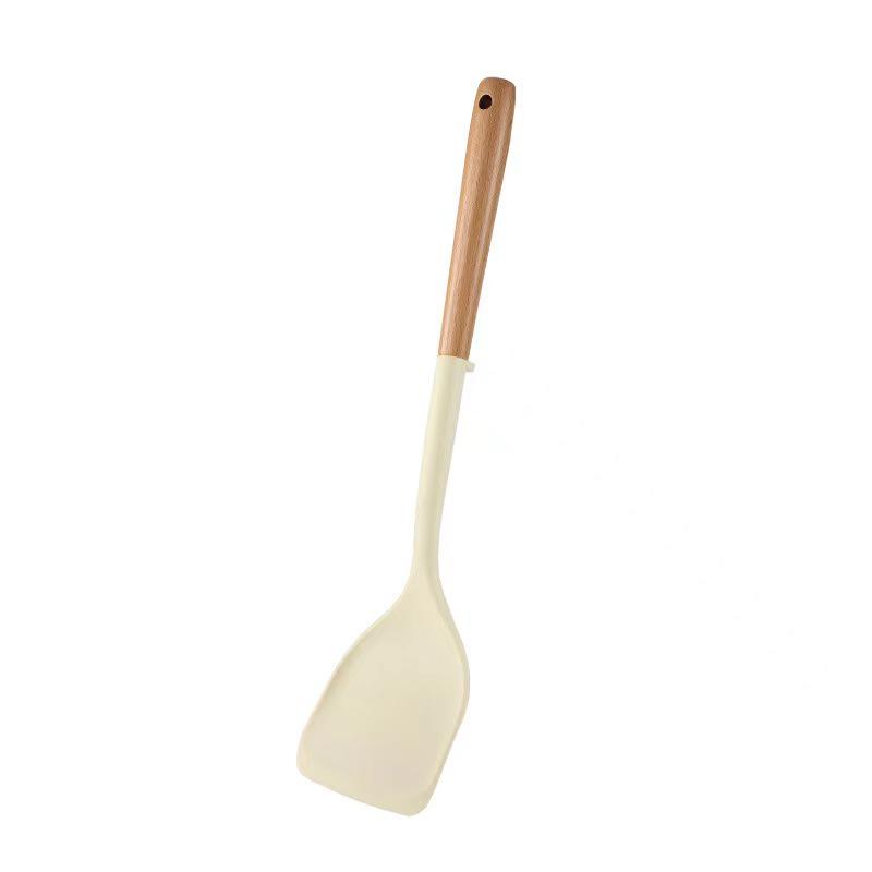 High-Temp Resistant Silicone Spatula Set: Non-Stick Pan Safe, Wooden Handle, Slotted Skimmer, Stand-Up Rice Spoon.