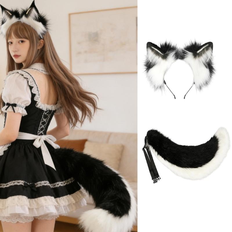 Foxes Wolf Ears Headband Faux Furs Tail Halloween Cosplay Party Costume Accessories Gumiho Costume for Women Men Gifts