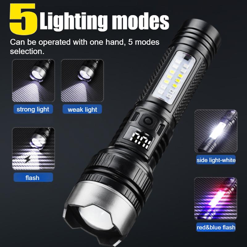 5 režimů USB dobíjecí LED svítilna výkonná zoom svítilna s COB bočními světly venkovní nouzová svítilna přenosná kempingová lampa