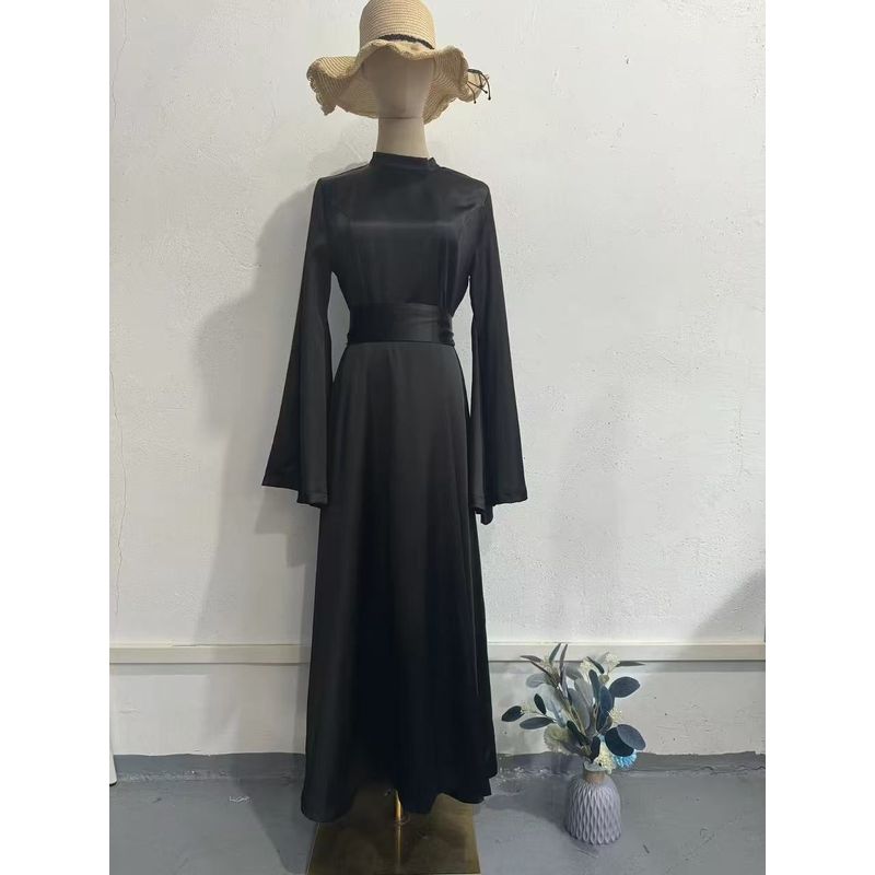 

New Arrival Middle East Large Swing Sleeve Waist-Tight Pure Color Dress Lace up Large Swing Sleeve Dress Black 2XL