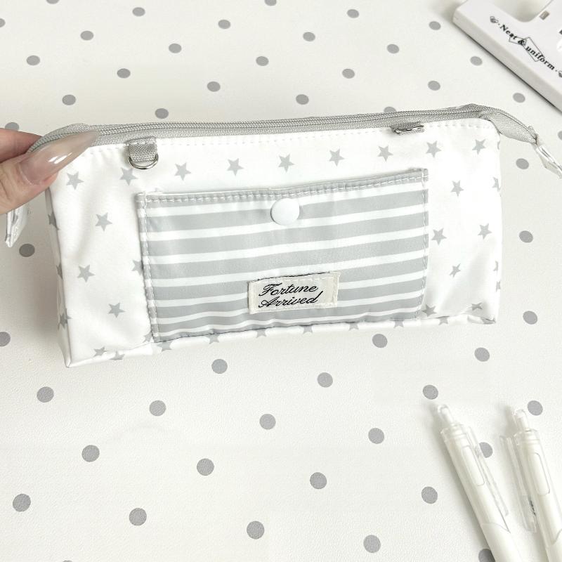 Korean Star Striped Print Large Pencil Case Multi-Layer High Capacity Stationery Pouch for Student School Desktop Storage