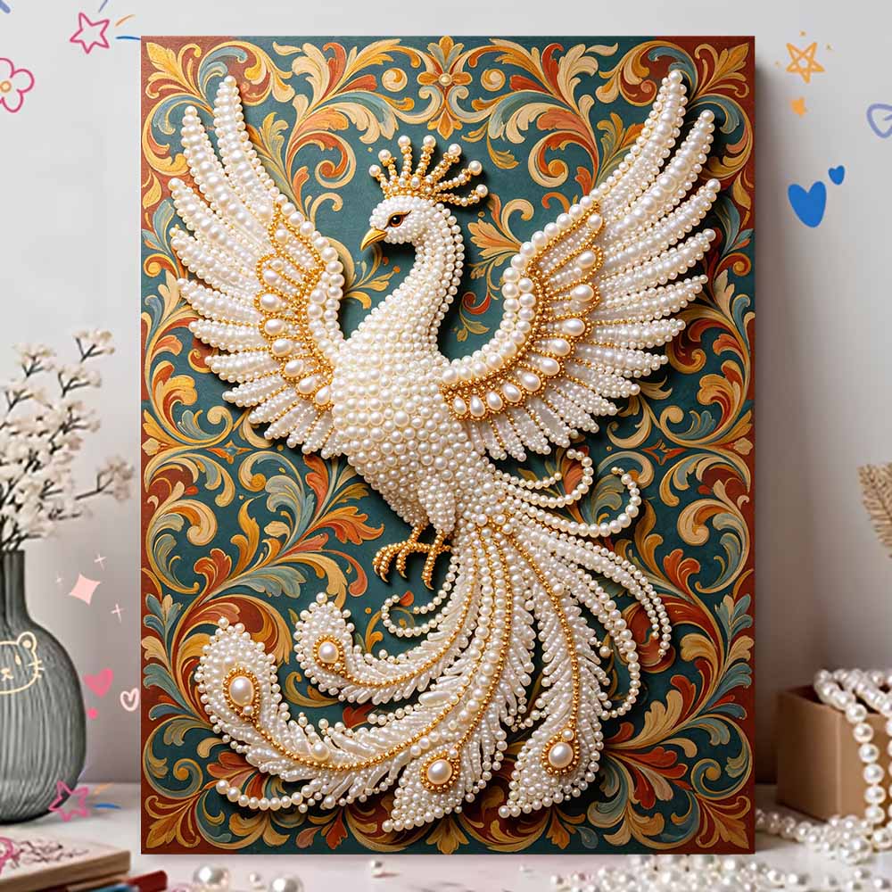DIY Pearl Gem White Peacock Painting Shining Bead Craft Art Home Wall Ornament Simple Unframed Room Decoration Art Elegant Luxury Decor Gift