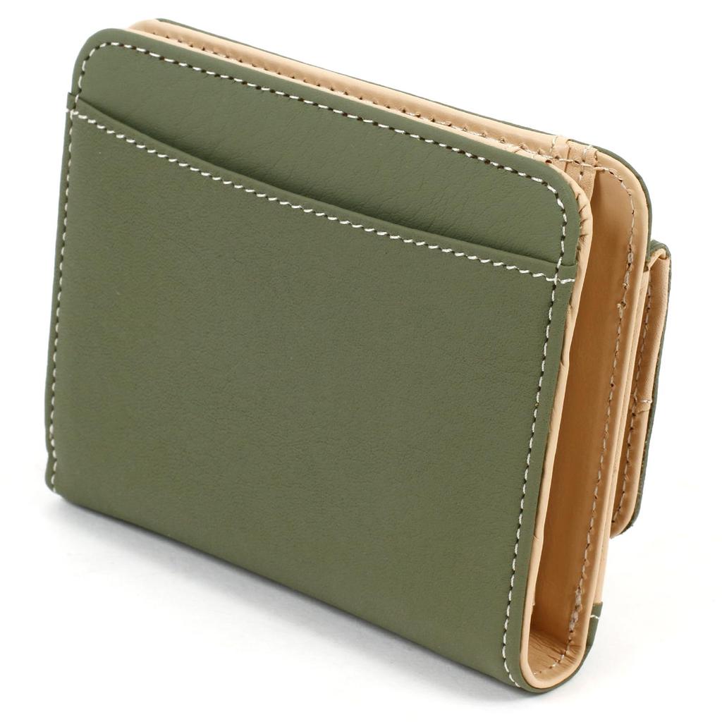 Kitamura Leather Bifold with a Unique Texture of Natural Materials Women's Wallet, PH0539, Khaki/Ivory Stitching, Green, 33915,