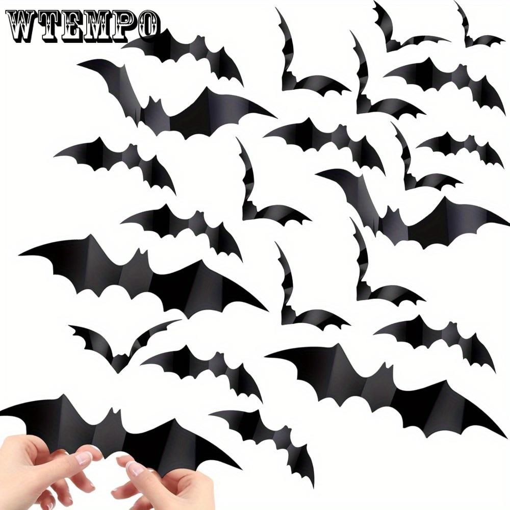 120pcs Bat Halloween Room Decor 4 Different Sizes Realistic Waterproof Black Scary Bat Sticker Home Decor Wall Decal Indoor Hallowmas Party Supplies