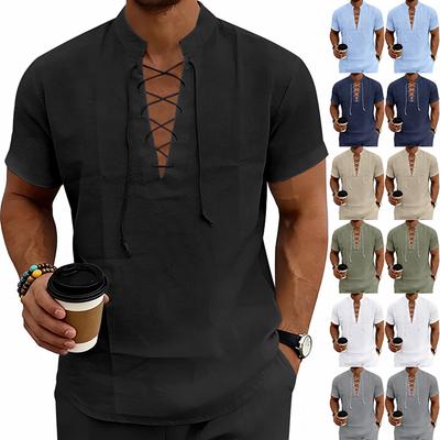 Camisa Casual de Manga Corta con Cordones para Hombre Tejido Ligero y Transpirable Cuello en V Top de Verano Corte Holgado Diseño Liso