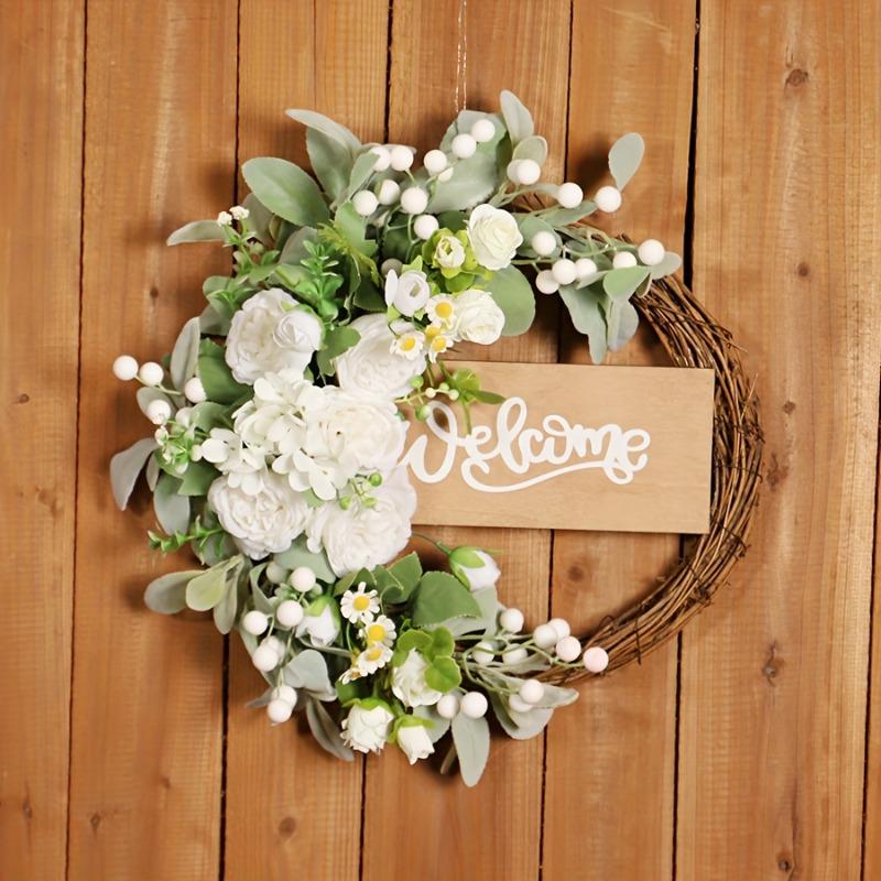 Artificial White Peony Wreath with Welcome Sign Farmhouse Wedding Spring Door Hanging Decor Realistic Flower Garland