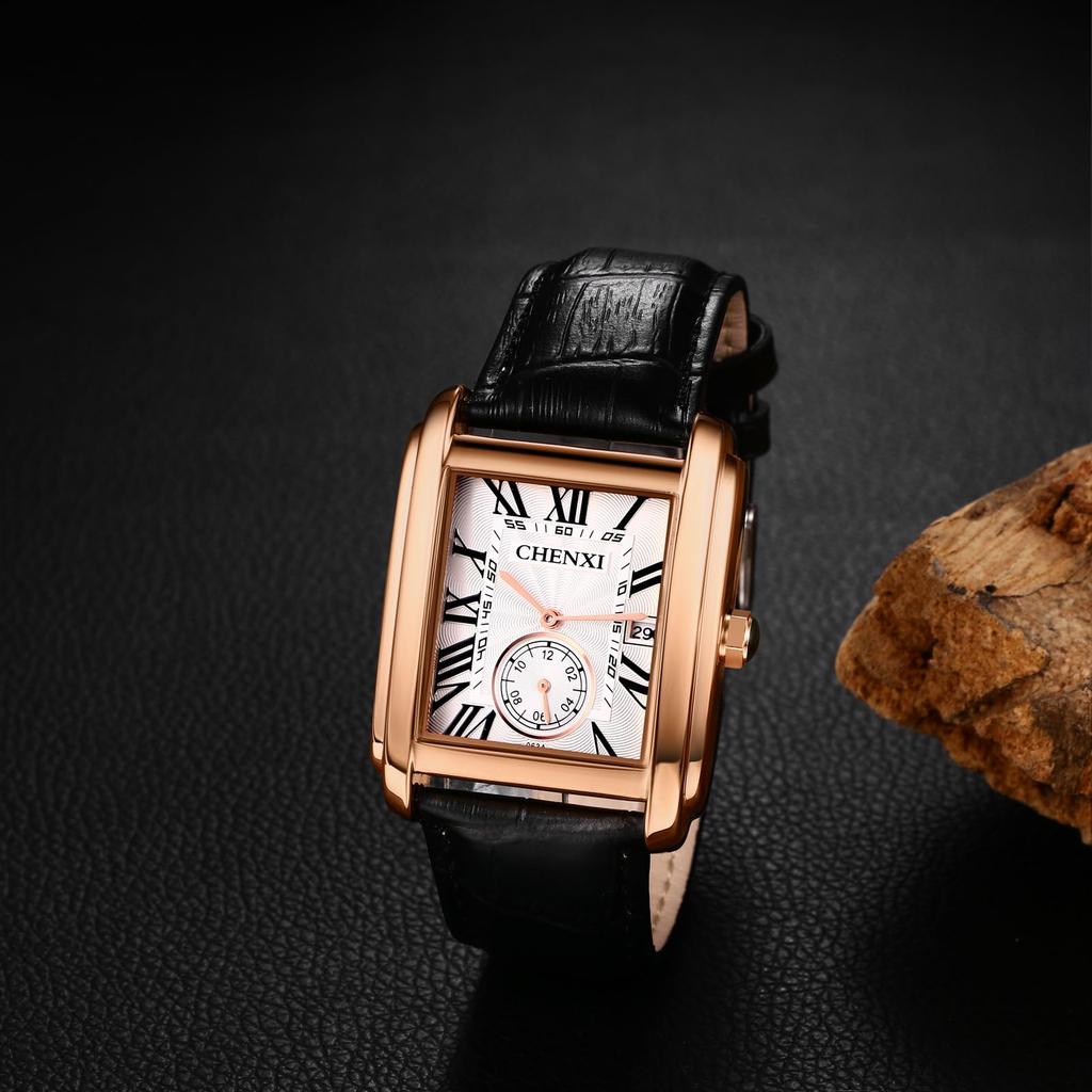 Men's Leather Watch, Seiko Replica: Square Dial, Hand-Wound, Stylish Roman Numeral Watch, Adjustable Leather Strap, Gold