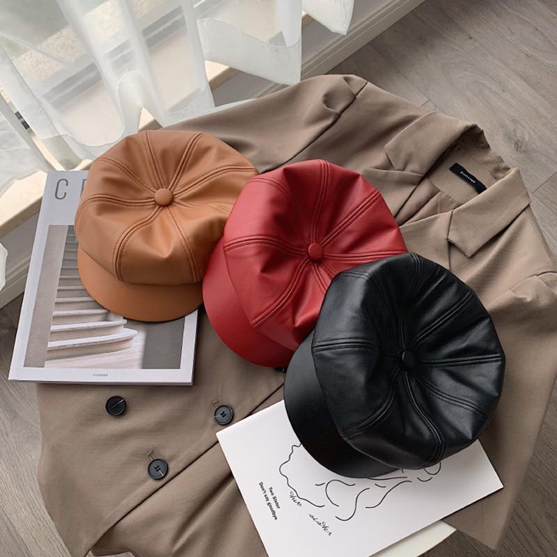 Women PU Leather Beret Hat Winter Fashion Octagonal Hat