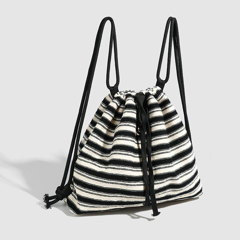 Striped Commuter High-capacity Drawstrap Single Shoulder All-in-one Fashion Women's Knitted Black and White Striped Backpack
