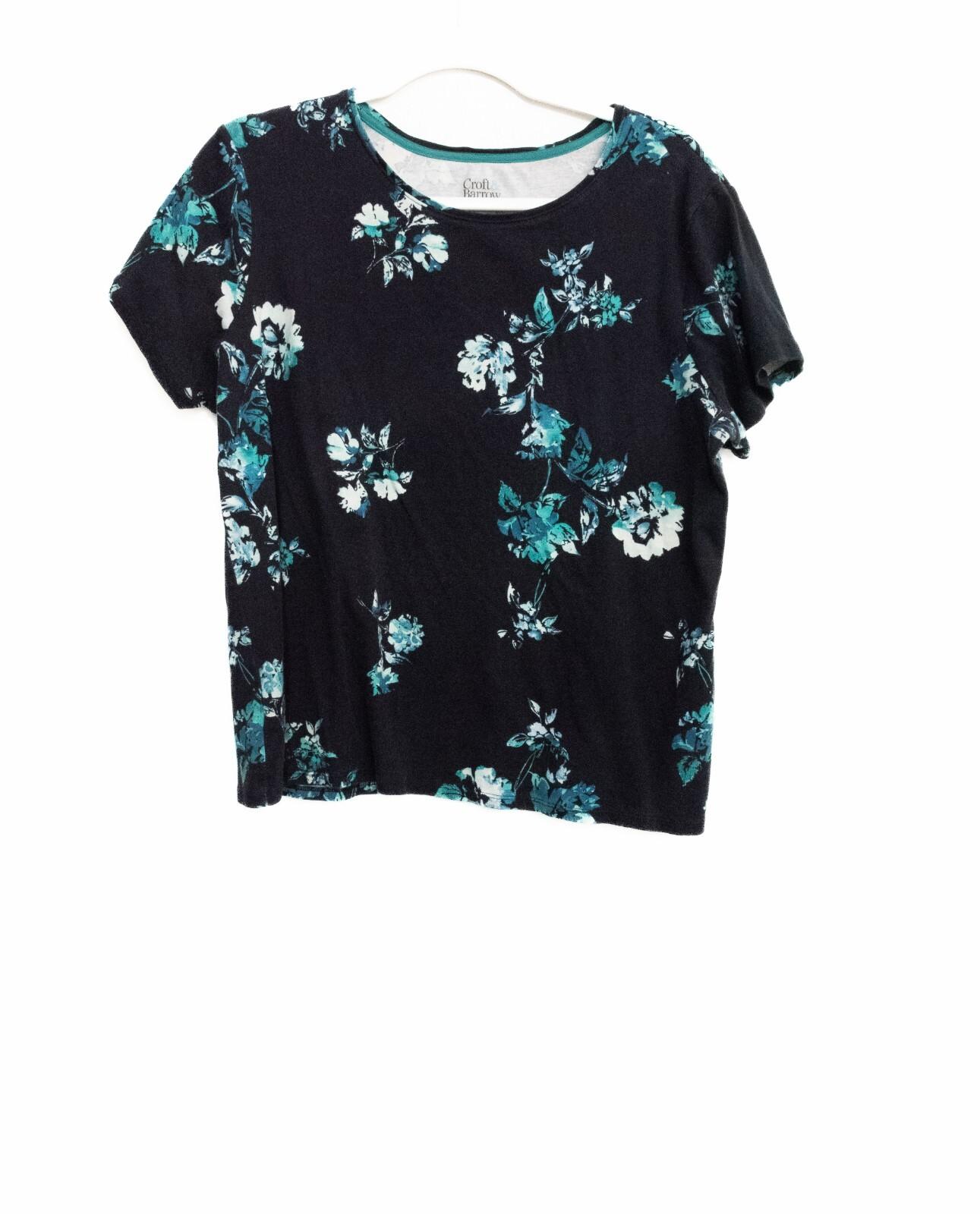 Croft Barrow Womens Black Blue T-Shirt Floral Short Sleeve Boat Neck PXL XXXL