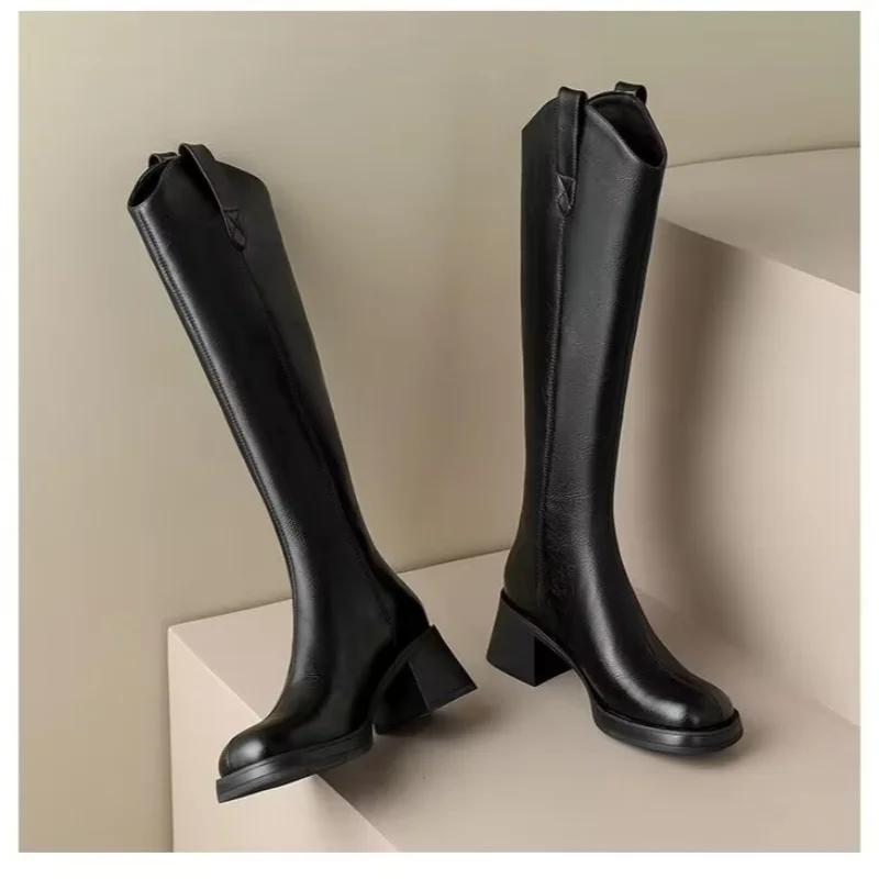 Nové žhavě prodávané dámské kozačky Zip Silné vysoké podpatky Jednoduché Silné vysoké podpatky Podzimní a zimní kozačky Ke kolenům Zapatos