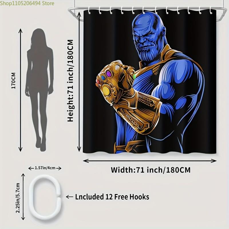 1pc Thanos Shower Curtain - Polyester, Machine Washable with Hooks, Black Background with Vibrant Blue & Golden Superhero Desi