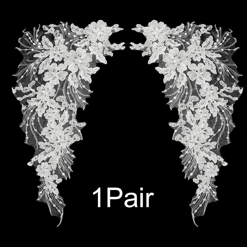 

1Pair Lace Applique Trim Hollowed Out Wedding Bridal Sewing Motif Fabric Craft DIY Patches Dress Decoration Flower Embroidered білий