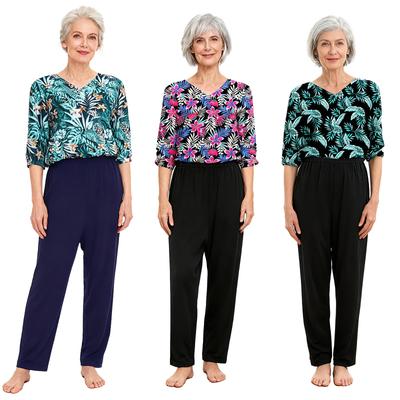 Macacão Feminino Adaptativo Anti-Rasgo Estampado Decote V Manga 3/4 Calça de Perna Larga Zíper nas Costas Macacão de Amamentação
