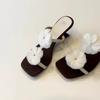 Sheepskin Version~ Niche Design French Wedge Heel Flower Square Head Temperament Open-toed Slippers Women's Summer High-heeled Sandals
