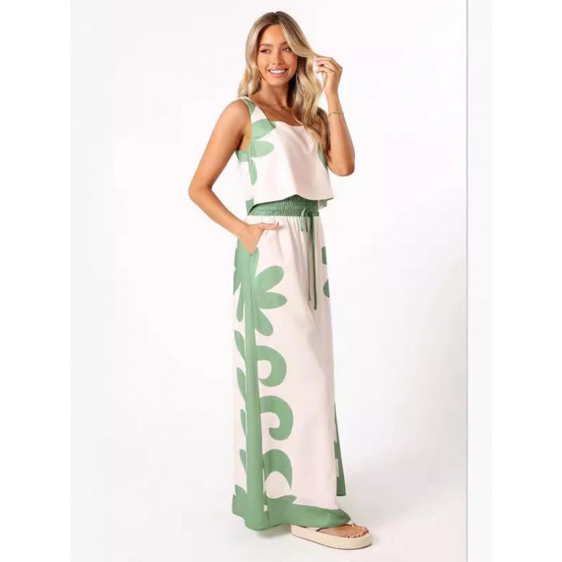 Women's Summer New Short Vest with Print and Elastic Waist Wide-Leg Pants Two-Piece Casual Set