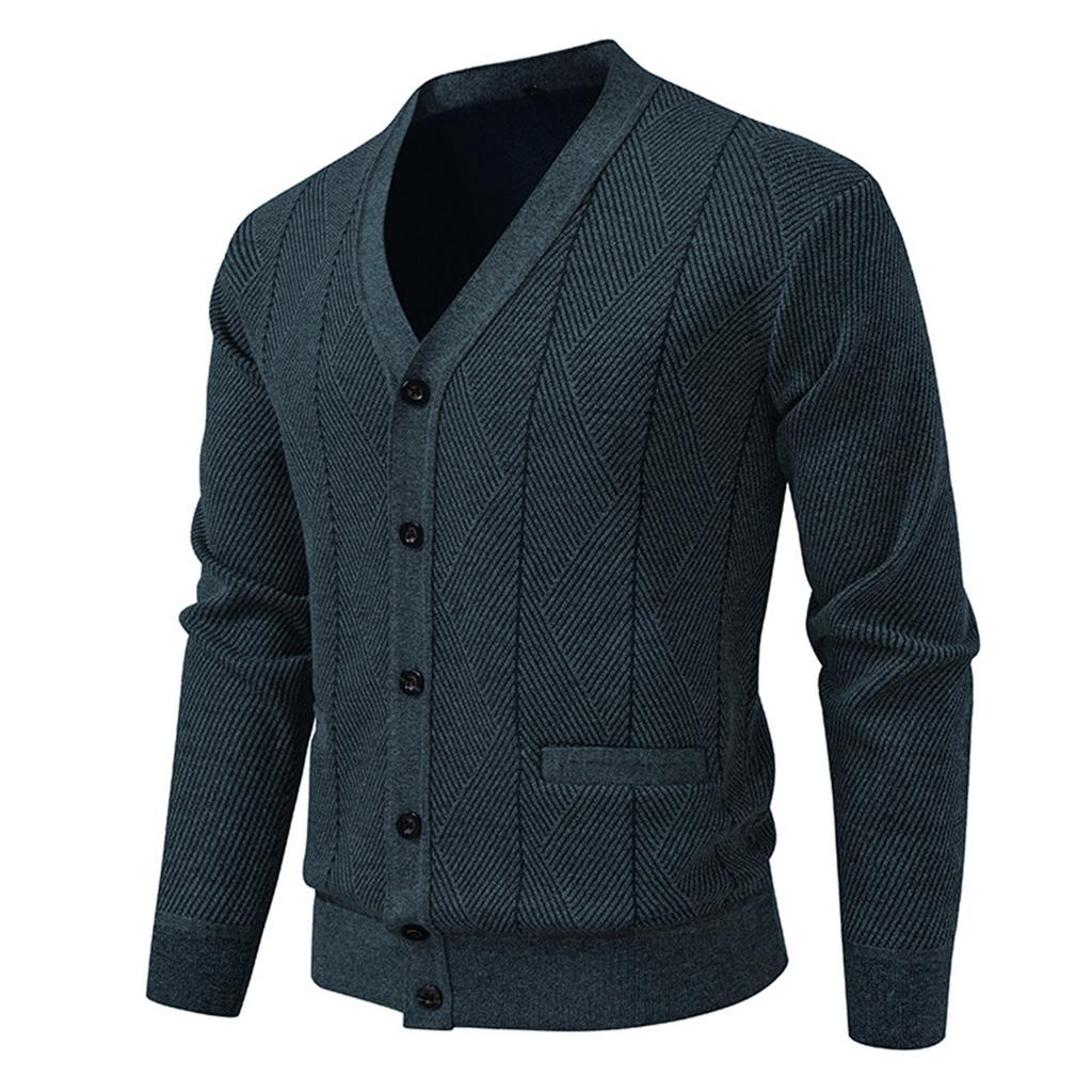 Men's Solid Color Textured Casual Plus Velvet Casual Sports Slim Sweater Needle Cardigan Jacket
