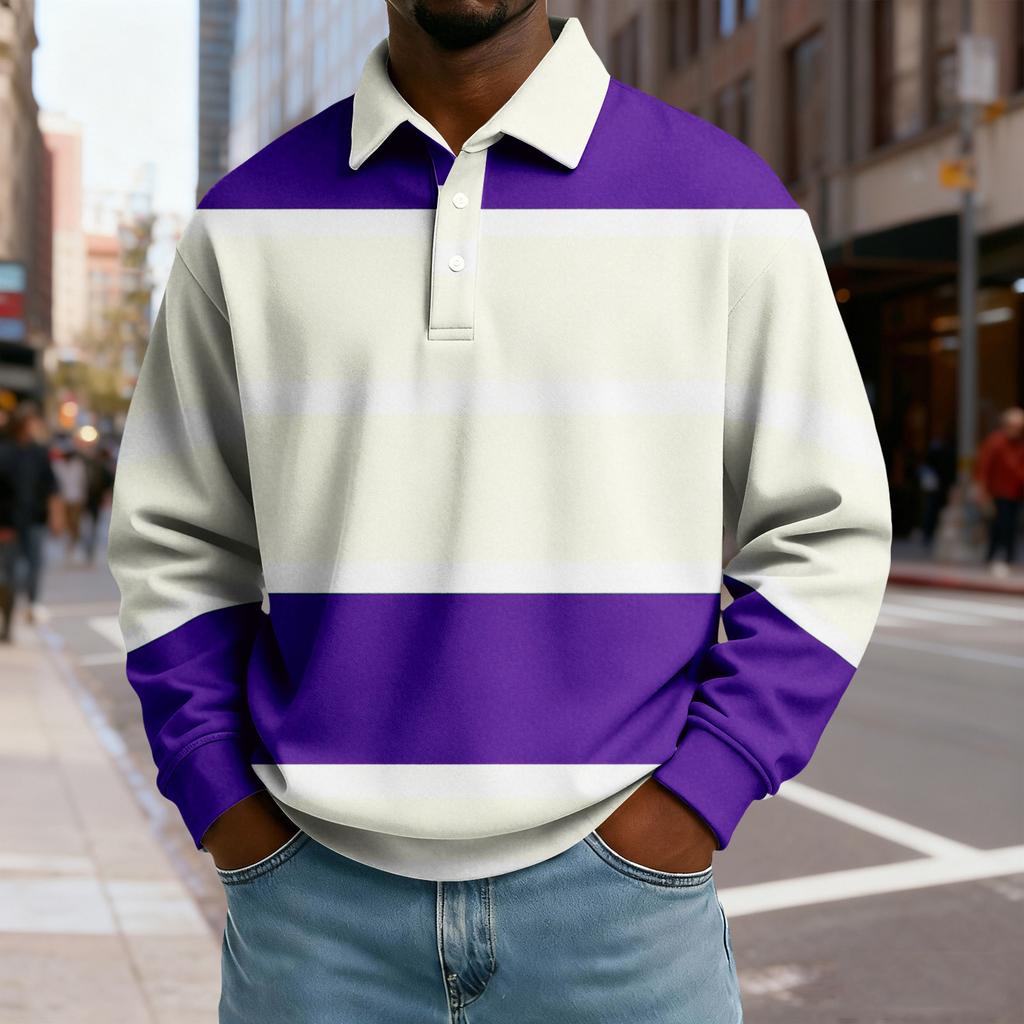 Men's Casual Loose Colorblock Print Lapel Button Long Sleeve Top