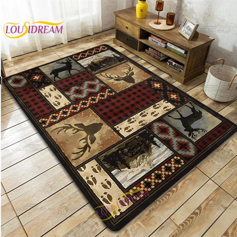 Country Style Farmhouse Lodge Bear Moose Deer Soft Rug Square Flannel Home Rug Vintage Home Living Room Floor Mats Bedroom Rug