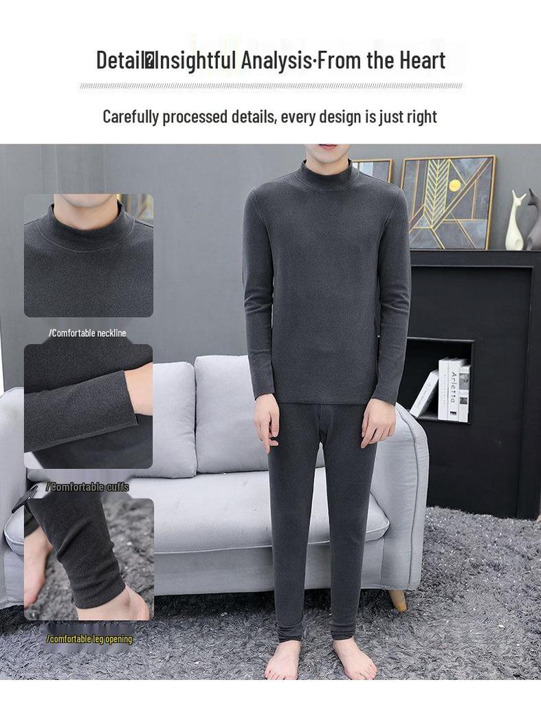 Men's Double-Sided German Velvet Semi-High Neck Warm Set for Autumn & Winter