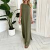 Women's Fashion Round Neck Sleeveless Colour Casual Resort Maxi Dress With Split Hem In Cotton,Linen Blend