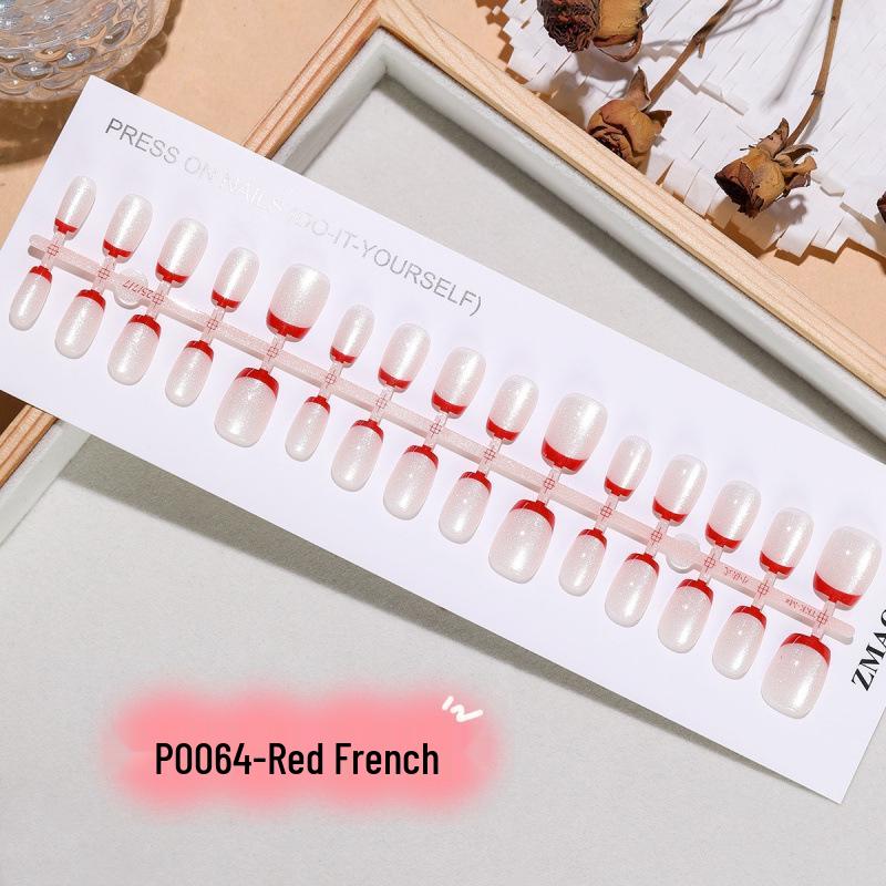 New Year French Red Edge Glitter White Translucent Sweet Girl Cat Eye Nail Stickers - 30 Pieces Full Strip M/M/M