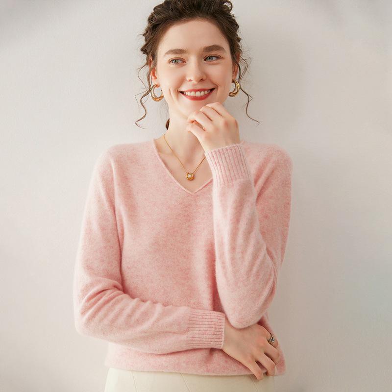 Women's V-Neck Solid Color Cashmere Sweater - Loose Fit, Soft Knit Pullover for Autumn/Winter