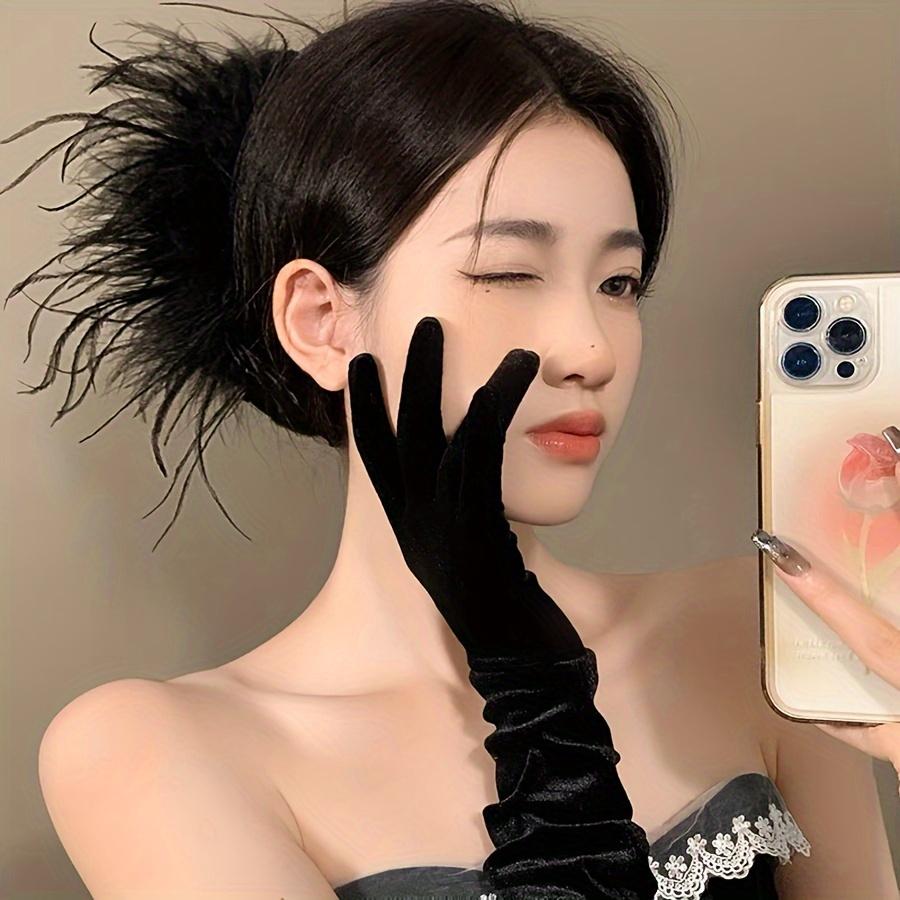 black large ostrich feather hair claw, elegant luxurious plush accessory for women, holds thick hair securely, suitable for daily & special occasions.