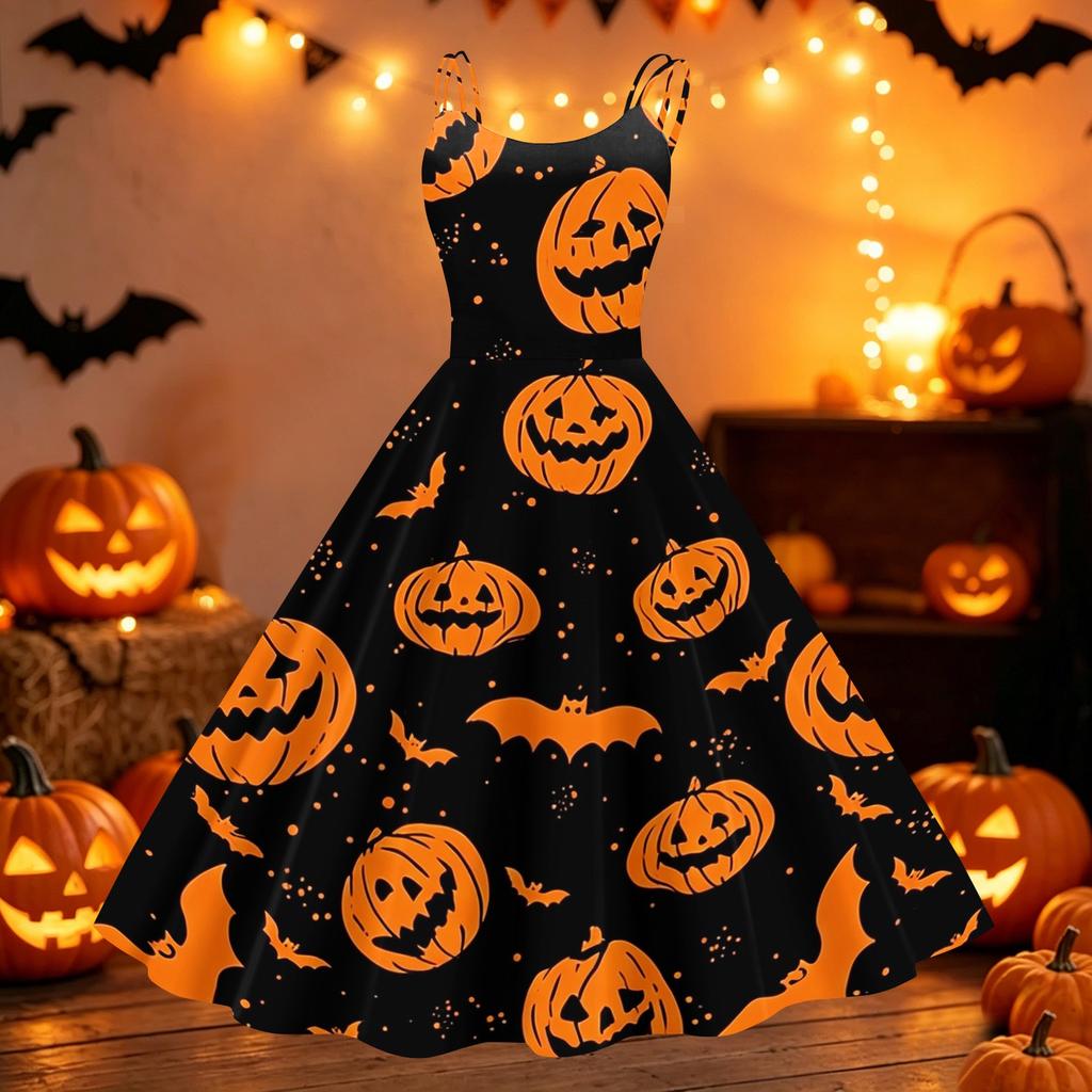 Women's Halloween Print Off Shoulder Dress Vintage Punk Style Sleeveless Spaghetti Strap Swing Dress with Flared Skirt for Party
