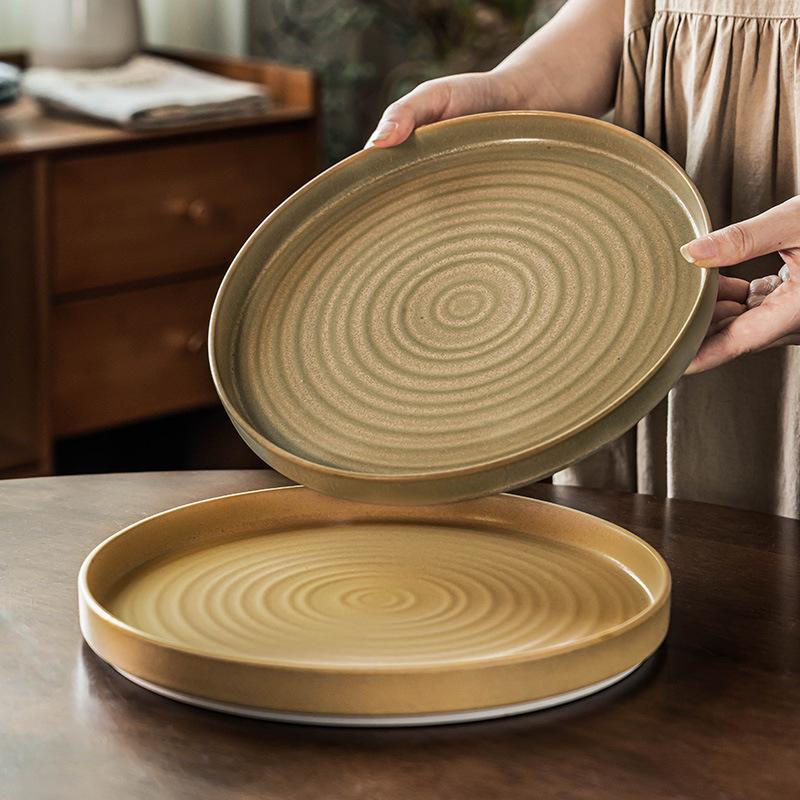 Large Plate Japanese Threaded Plate Steak Plate Retro Style Ceramic Plate Household Tableware Vegetable Plate Round Plate Dinner Plate