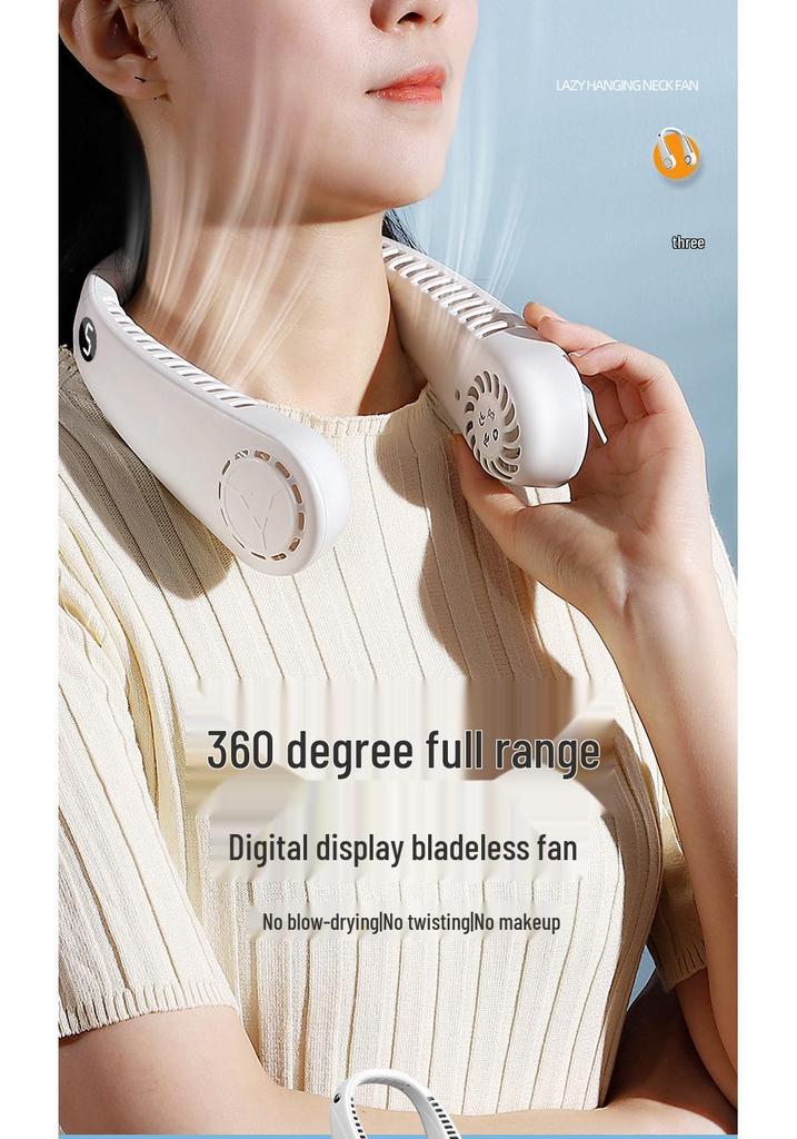 Portable Leafless Neck Fan: Foldable, Silent, Five-Speed, with Digital Display