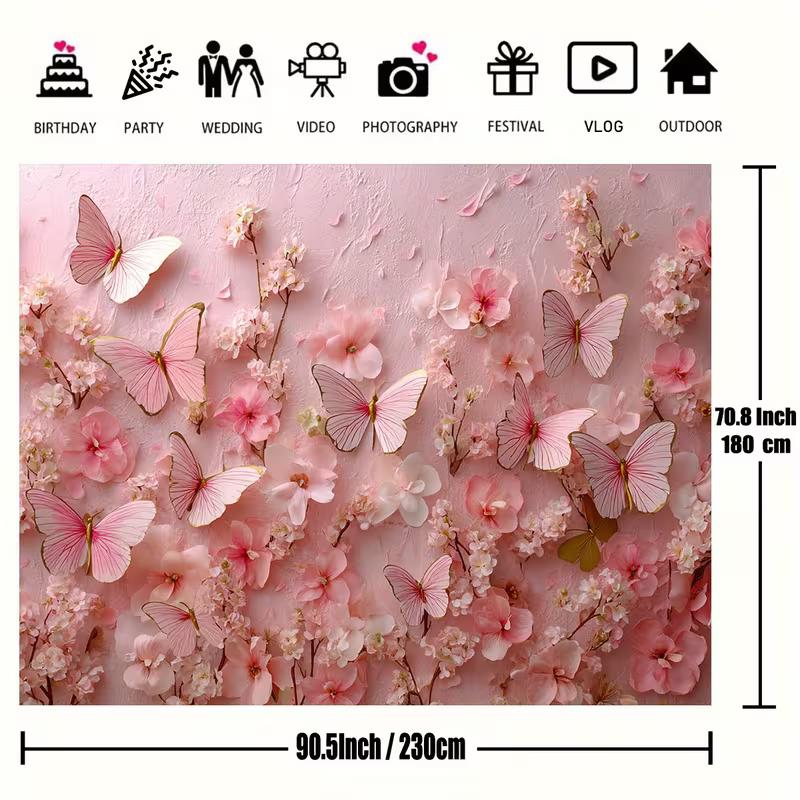 2D Flat Printed Pink Floral Butterfly Tapestry, 3D Effect Flower & Butterfly Photo Banner