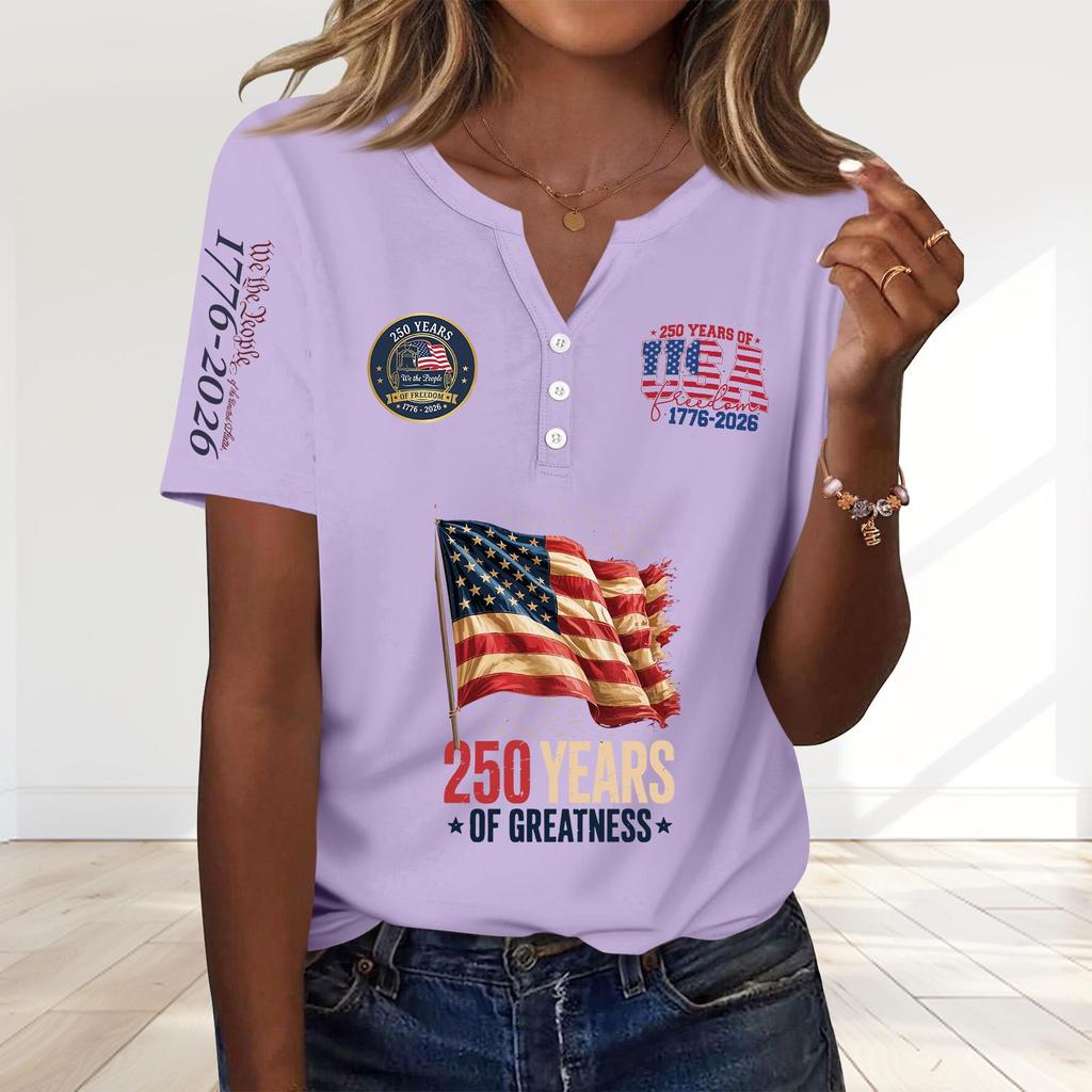 Women's Fashion Casual 250th Anniversary Independence Day Print V-Neck Short Sleeve Decorated Button-Up T-Shirt