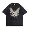 Vintage Washed Smoking Cat T-Shirt Cool Cat Graphic Tee Oversized Streetwear Hip Hop Casual Acid Wash Gray Short Sleeve Top Men