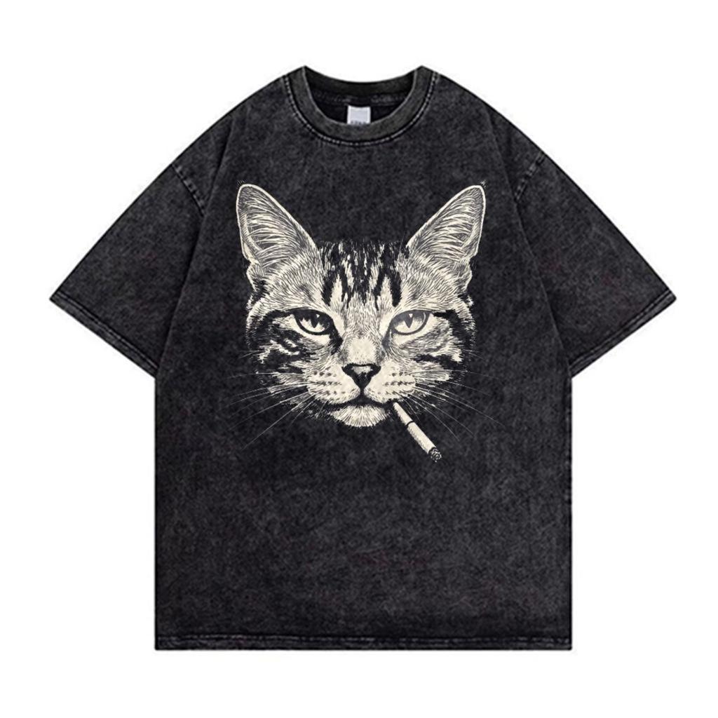 Vintage Washed Smoking Cat T-Shirt Cool Cat Graphic Tee Oversized Streetwear Hip Hop Casual Acid Wash Gray Short Sleeve Top Men