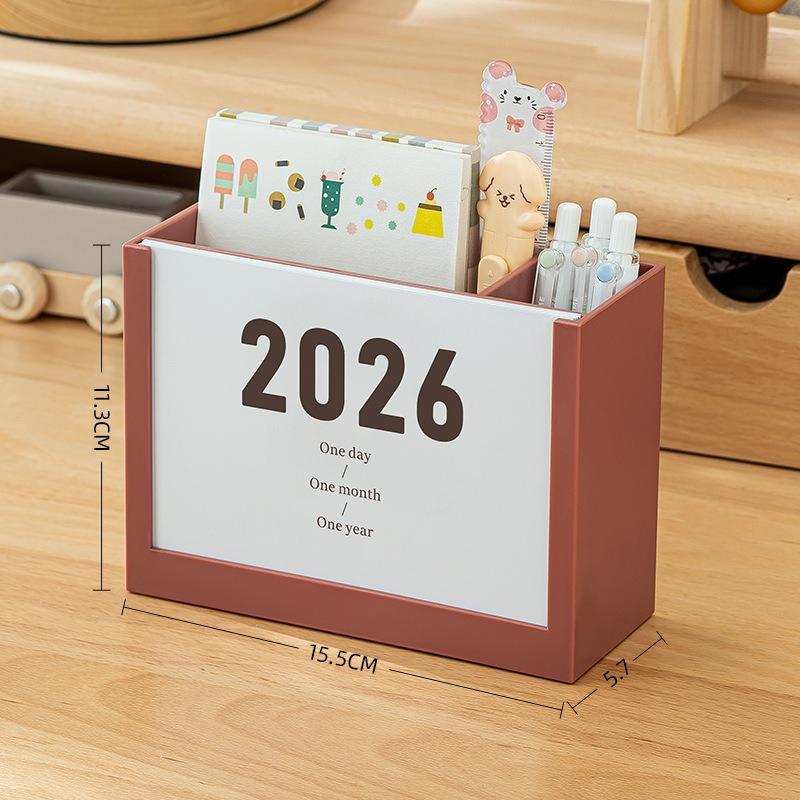 

2025&2026 Productivity Calendar Stand Multifunctional Desk Organizer with Storage Box Cute Pen Holder&Memo Pad for Home Decor