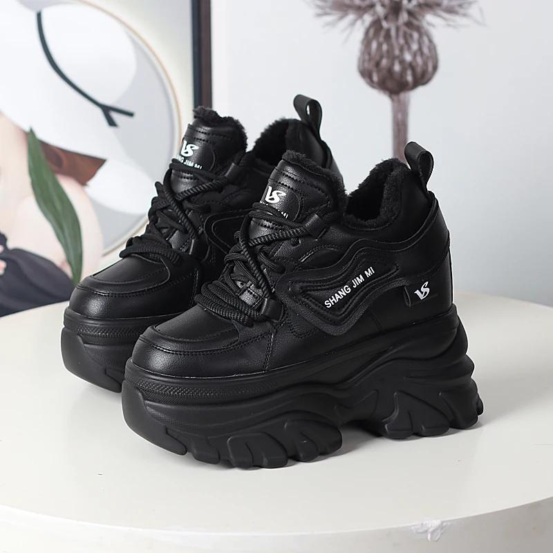 Fashion 12CM Synthetic Autumn Winter Spring Plush Warm Down Women Sneakers Wedge Ankle Booties Shoes Leather Platform Boots Winter