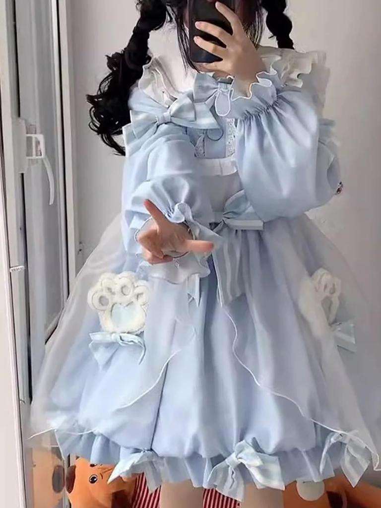XHSUKADO Lolita Long with Flared Dreamy Cute Cat Claw Big Ruffle School Cultural Size M Women's Dress, Sleeves, Sleeves, Ribbon, Accessory, Collar,