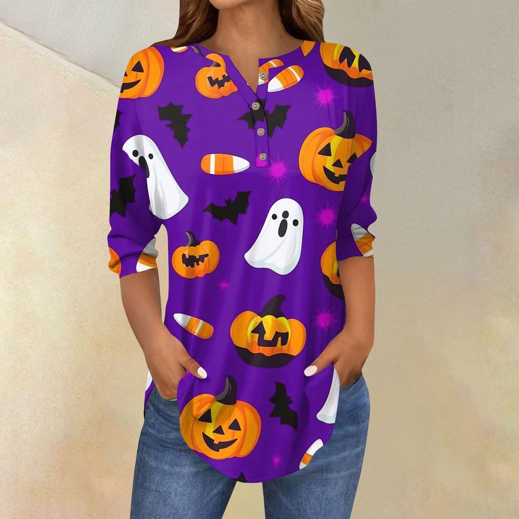 Women's Fashion Loose Button Collar Halloween Print Long Sleeve T-Shirt Top Pullover