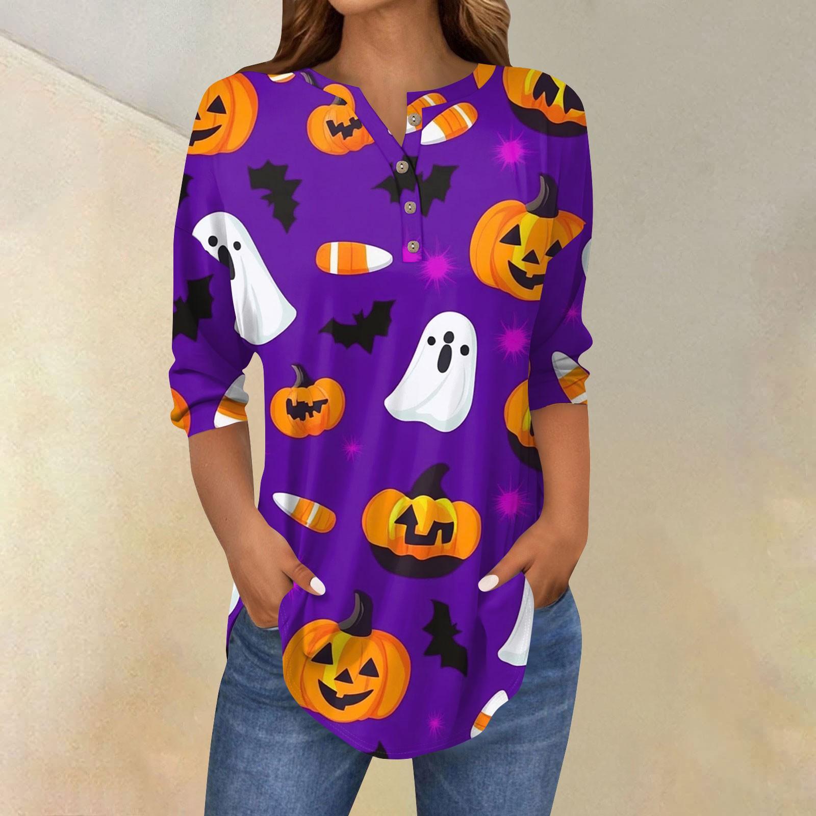

Женская модная свободная футболка с пуговицами на воротнике, с принтом на Хэллоуин, с длинным рукавом, топ, пуловер L фиолетовый