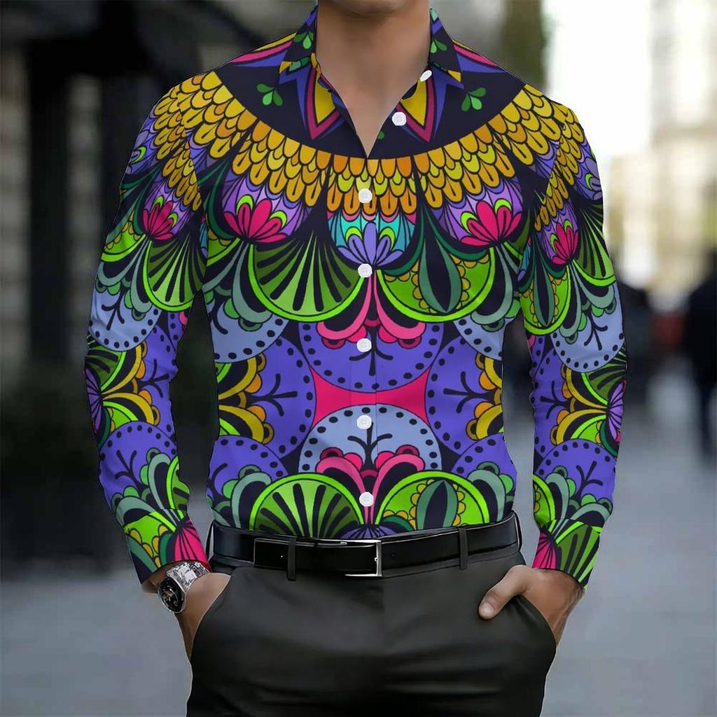 Men Collared Shirt Dark Blue Light Leaf Floral Silhouette Print Long Sleeve Button Down Top