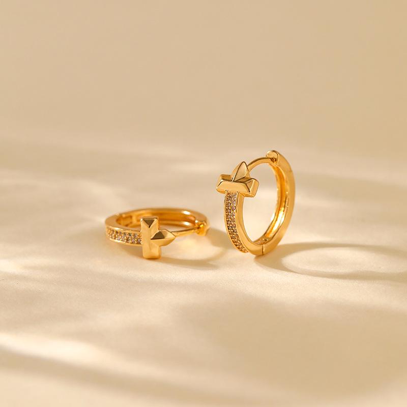 Women Fashion 18k Gold Plated Zircon T Shape Geometric Commute Earrings