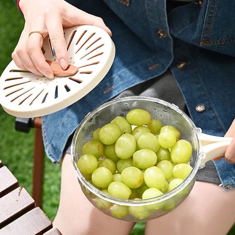 Fruit Drain Basket with Lid, Vegetable Washing Bowl, Foldable Handle, Cleaning Colander, Plastic Refrigerator Crisper, Kitchen B