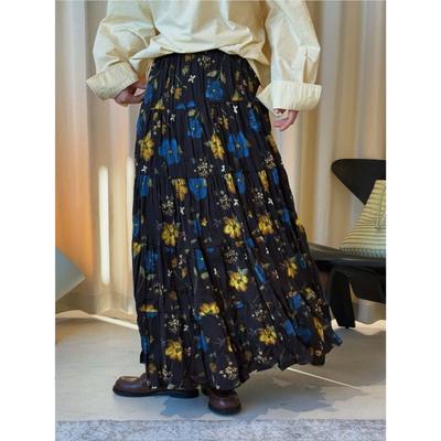 Korean Vintage Artistic Elastic Waist Printed Pleated Midi Skirt Spring Summer Fashion A-line Long Skirts For Women