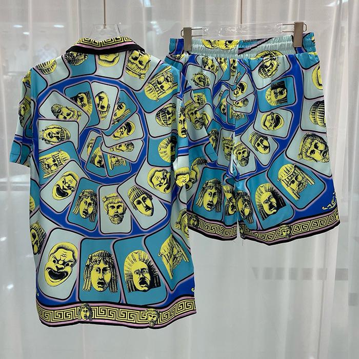 2024 Summer Men's Digital Print Short Sleeve Shirt & Beach Shorts Set