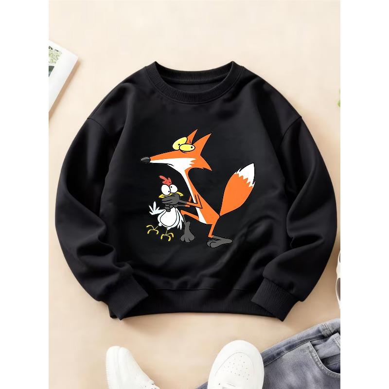 Kids Crewneck Long Sleeve Sweatshirt, Funny Cartoon Fox Catching Chicken Print 110